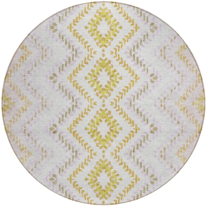 8' Pearl Ivory And Artichoke Green Round Geometric Washable Indoor Outdoor Area Rug Photo 2