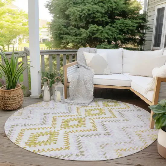 8' Pearl Ivory And Artichoke Green Round Geometric Washable Indoor Outdoor Area Rug Photo 7