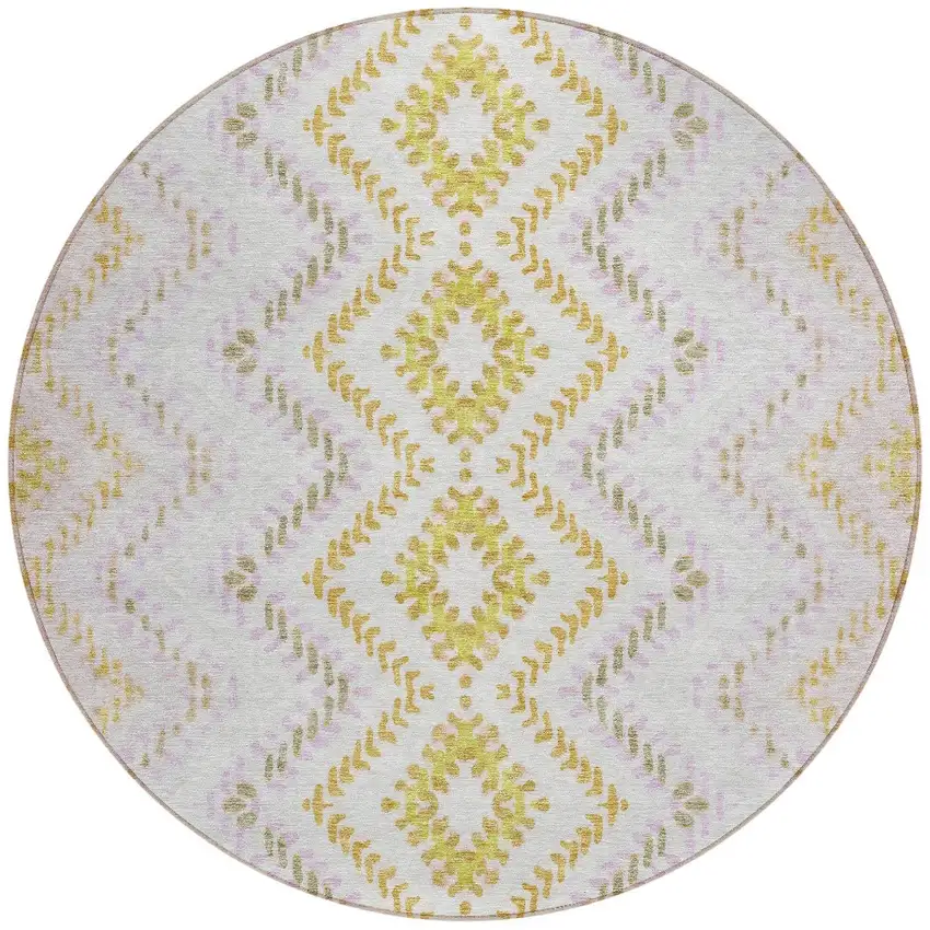 8' Pearl Ivory And Artichoke Green Round Geometric Washable Indoor Outdoor Area Rug Photo 5