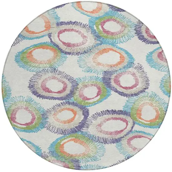 8' Pearl Ivory And Green Round Geometric Washable Indoor Outdoor Area Rug Photo 5