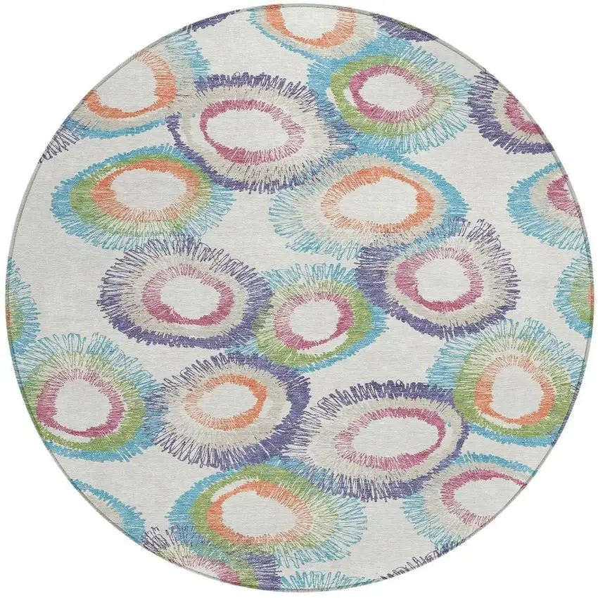 8' Pearl Ivory And Green Round Geometric Washable Indoor Outdoor Area Rug Photo 5