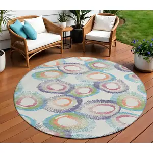 Photo of 8' Pearl Ivory And Green Round Geometric Washable Indoor Outdoor Area Rug