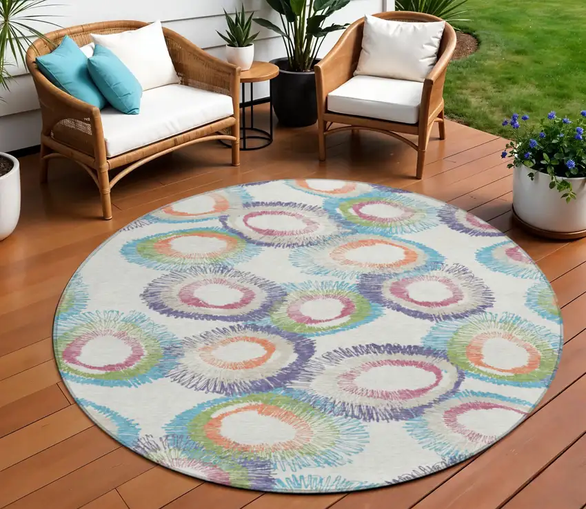 8' Pearl Ivory And Green Round Geometric Washable Indoor Outdoor Area Rug Photo 1
