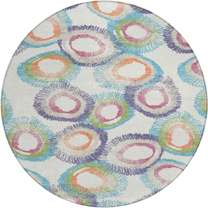 8' Pearl Ivory And Green Round Geometric Washable Indoor Outdoor Area Rug Photo 2