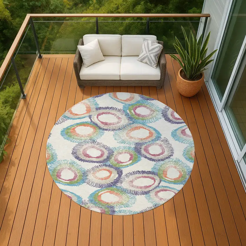 8' Pearl Ivory And Green Round Geometric Washable Indoor Outdoor Area Rug Photo 8
