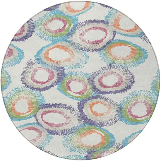 8' Pearl Ivory And Green Round Geometric Washable Indoor Outdoor Area Rug Photo 4