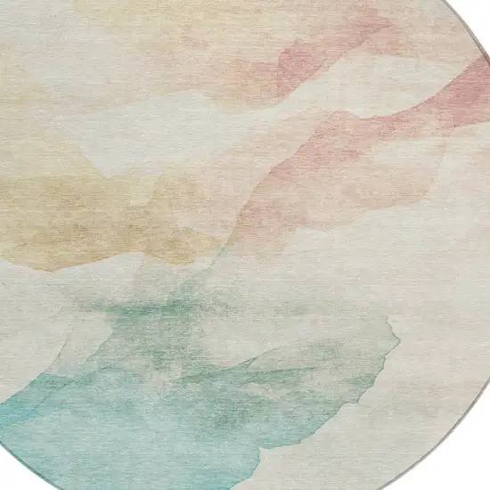 8' Pearl Ivory Beige And Teal Blue Round Abstract Washable Indoor Outdoor Area Rug Photo 8