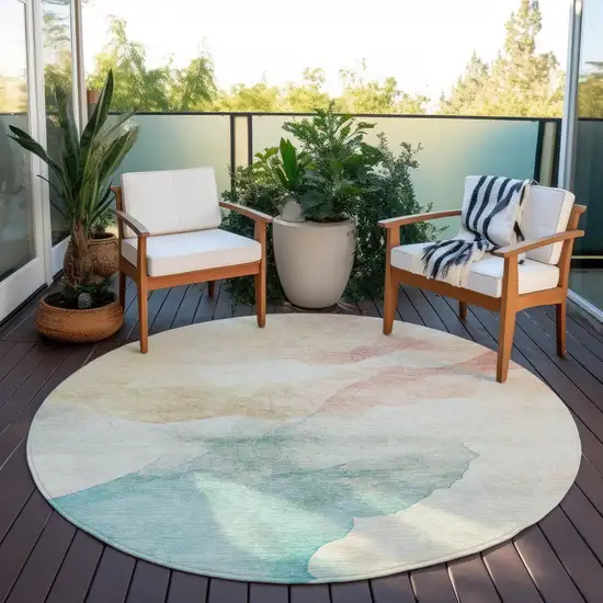 8' Pearl Ivory Beige And Teal Blue Round Abstract Washable Indoor Outdoor Area Rug Photo 5