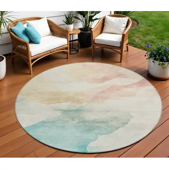 8' Pearl Ivory Beige And Teal Blue Round Abstract Washable Indoor Outdoor Area Rug Photo 2