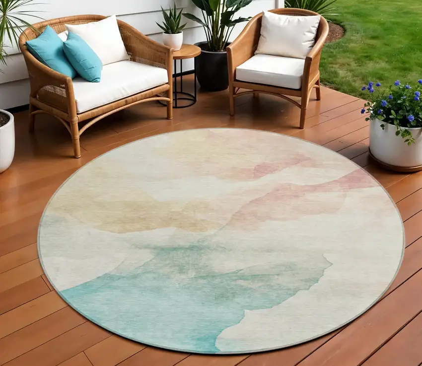 8' Pearl Ivory Beige And Teal Blue Round Abstract Washable Indoor Outdoor Area Rug Photo 2