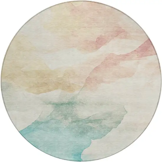 8' Pearl Ivory Beige And Teal Blue Round Abstract Washable Indoor Outdoor Area Rug Photo 1