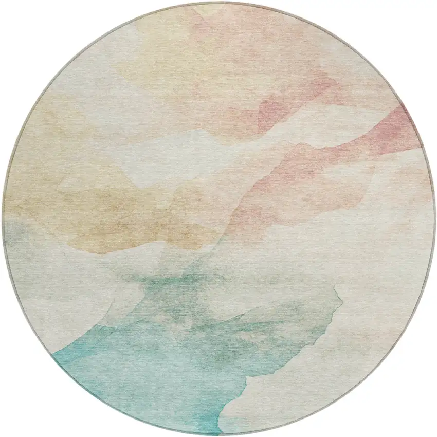 8' Pearl Ivory Beige And Teal Blue Round Abstract Washable Indoor Outdoor Area Rug Photo 1