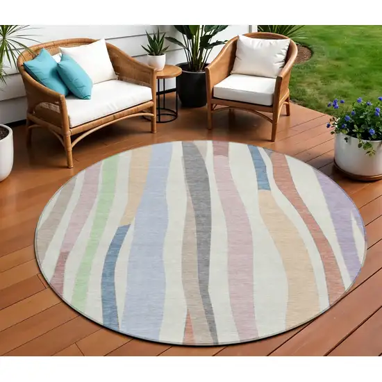 8' Pearl Lavender Ivory And Mint Green Round Striped Washable Indoor Outdoor Area Rug Photo 2