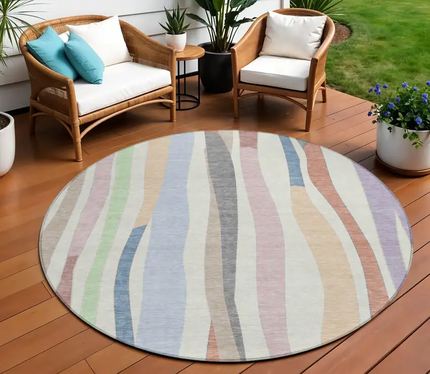 8' Pearl Lavender Ivory And Mint Green Round Striped Washable Indoor Outdoor Area Rug Photo 2