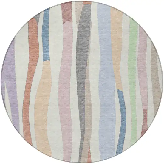 8' Pearl Lavender Ivory And Mint Green Round Striped Washable Indoor Outdoor Area Rug Photo 3