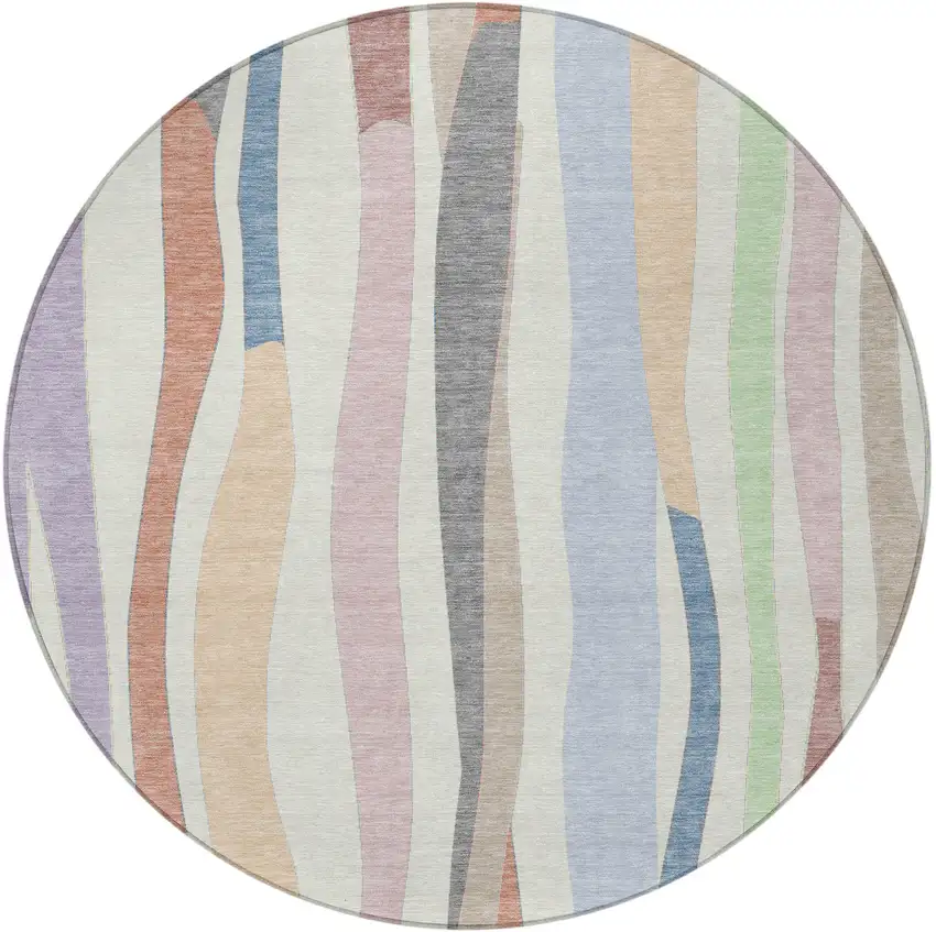 8' Pearl Lavender Ivory And Mint Green Round Striped Washable Indoor Outdoor Area Rug Photo 3