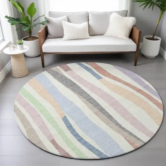 8' Pearl Lavender Ivory And Mint Green Round Striped Washable Indoor Outdoor Area Rug Photo 7