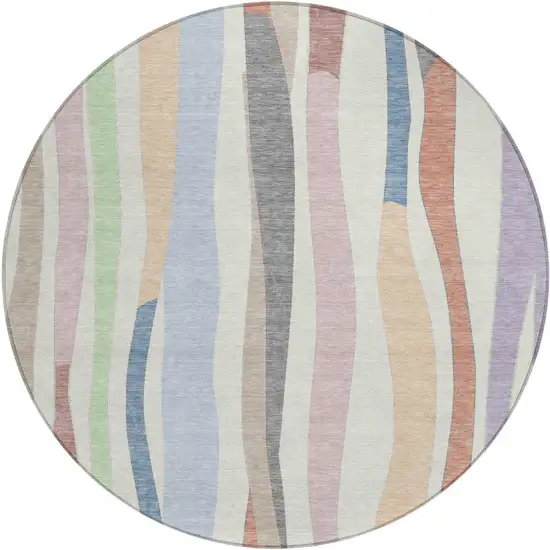 8' Pearl Lavender Ivory And Mint Green Round Striped Washable Indoor Outdoor Area Rug Photo 1