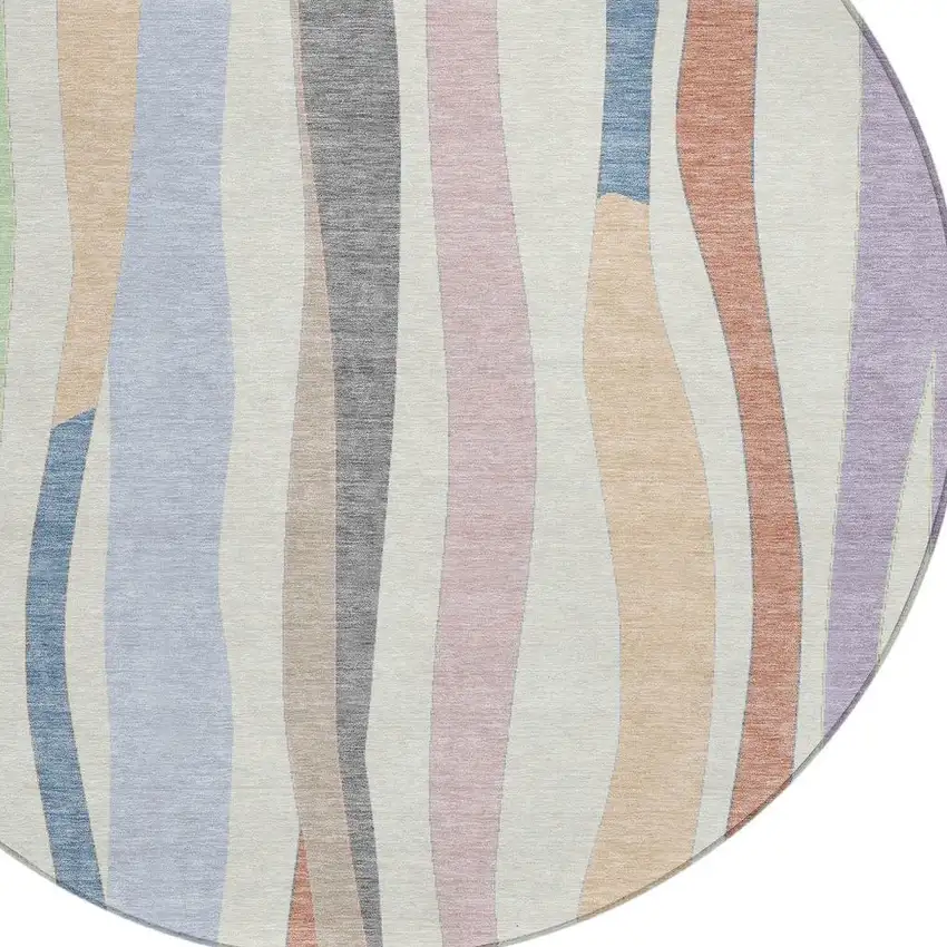 8' Pearl Lavender Ivory And Mint Green Round Striped Washable Indoor Outdoor Area Rug Photo 5