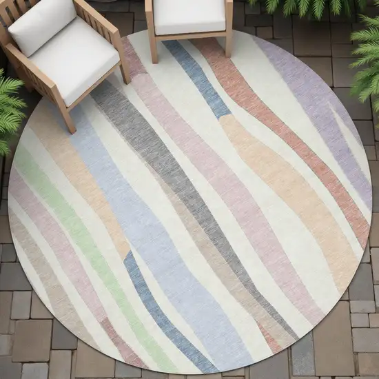 8' Pearl Lavender Ivory And Mint Green Round Striped Washable Indoor Outdoor Area Rug Photo 6