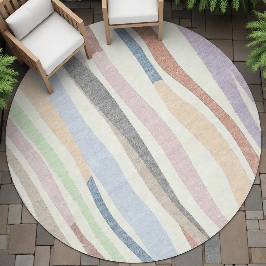 8' Pearl Lavender Ivory And Mint Green Round Striped Washable Indoor Outdoor Area Rug Photo 6