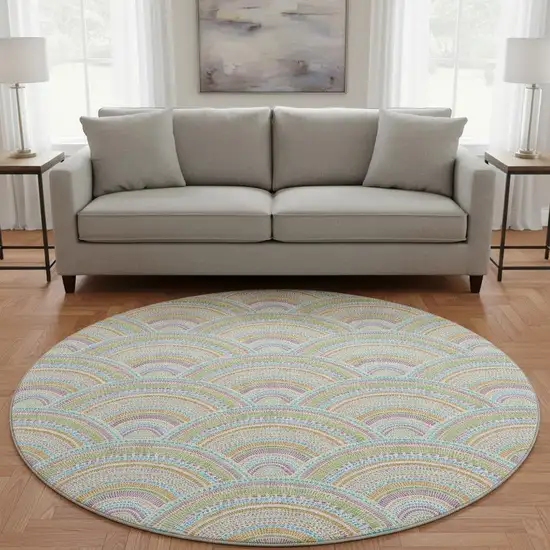 8' Pearl Orange And Green Geometric Washable Round Rug With UV Protection Photo 2