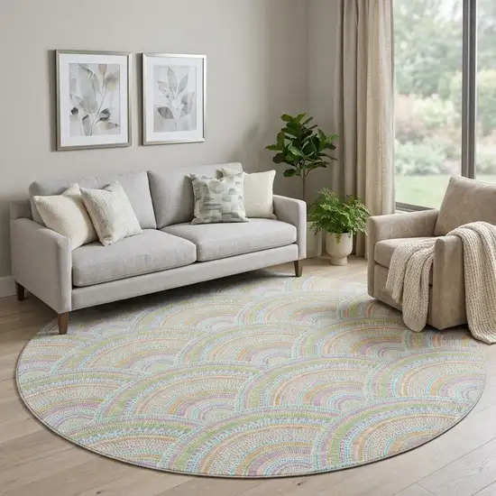8' Pearl Orange And Green Geometric Washable Round Rug With UV Protection Photo 1