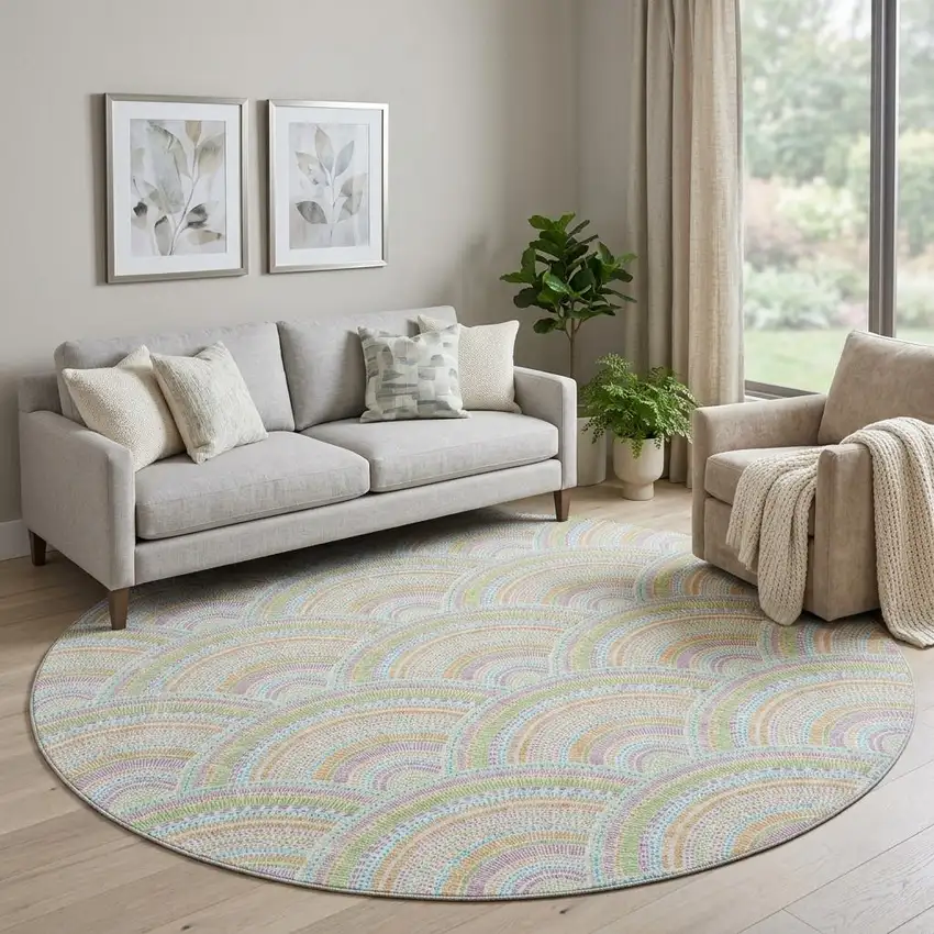 8' Pearl Orange And Green Geometric Washable Round Rug With UV Protection Photo 1