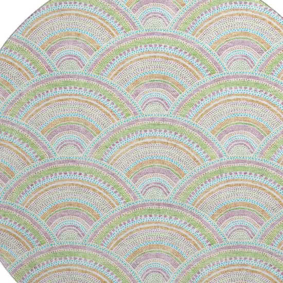 8' Pearl Orange And Green Geometric Washable Round Rug With UV Protection Photo 2