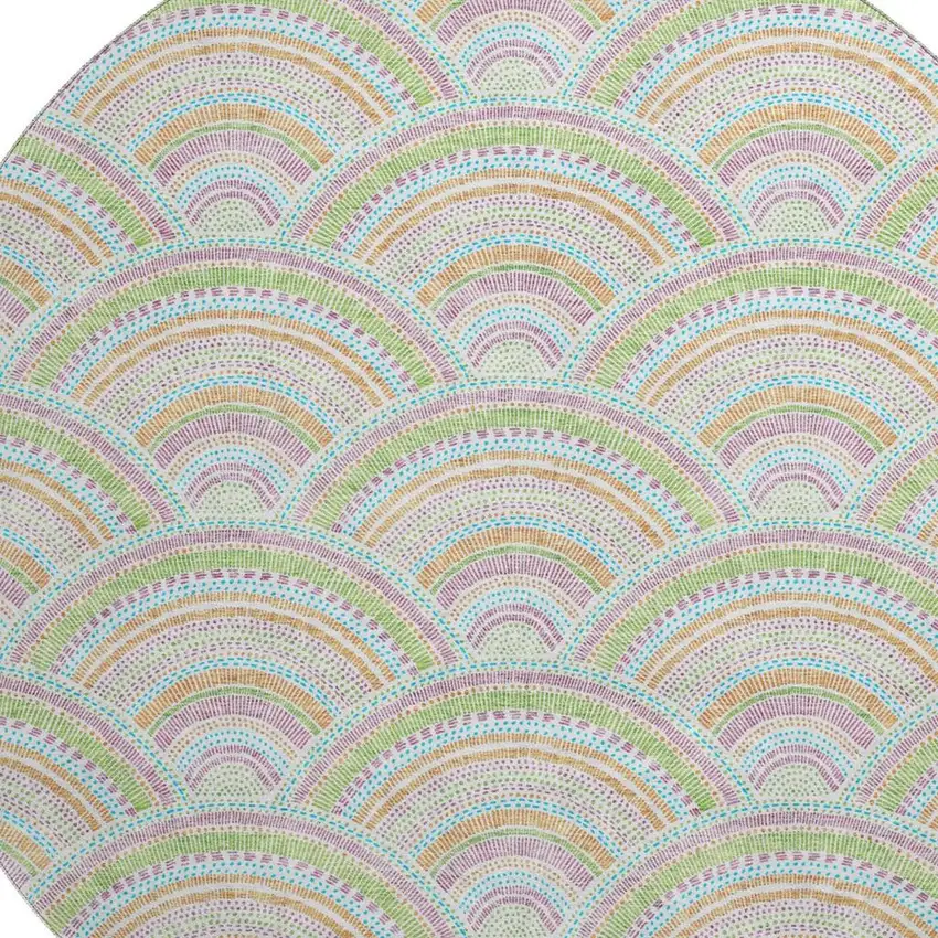 8' Pearl Orange And Green Geometric Washable Round Rug With UV Protection Photo 2