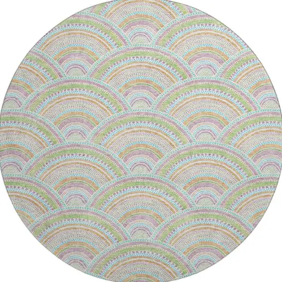 8' Pearl Orange And Green Geometric Washable Round Rug With UV Protection Photo 3