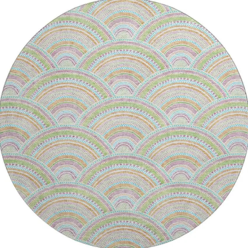8' Pearl Orange And Green Geometric Washable Round Rug With UV Protection Photo 3