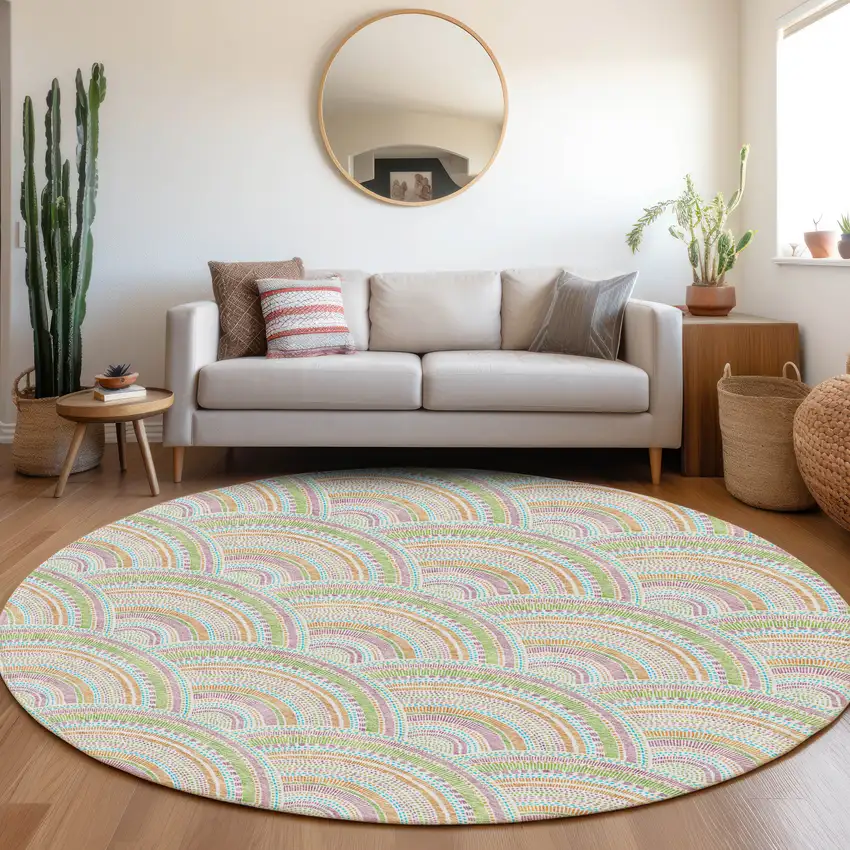 8' Pearl Orange And Green Geometric Washable Round Rug With UV Protection Photo 4