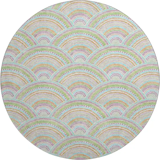 8' Pearl Orange And Green Geometric Washable Round Rug With UV Protection Photo 1