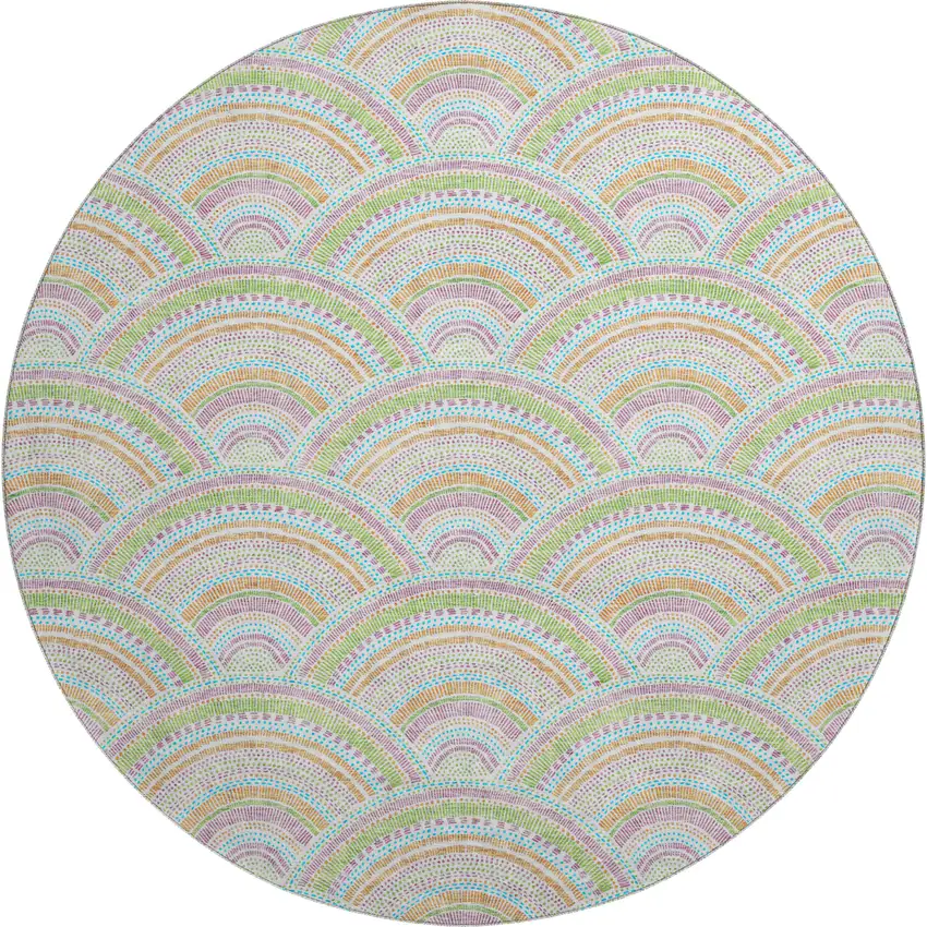 8' Pearl Orange And Green Geometric Washable Round Rug With UV Protection Photo 1