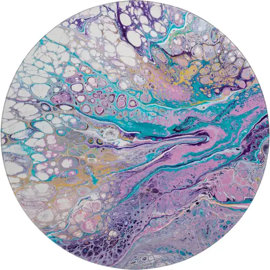 8' Periwinkle Purple And Ivory Round Abstract Washable Indoor Outdoor Area Rug Photo 2