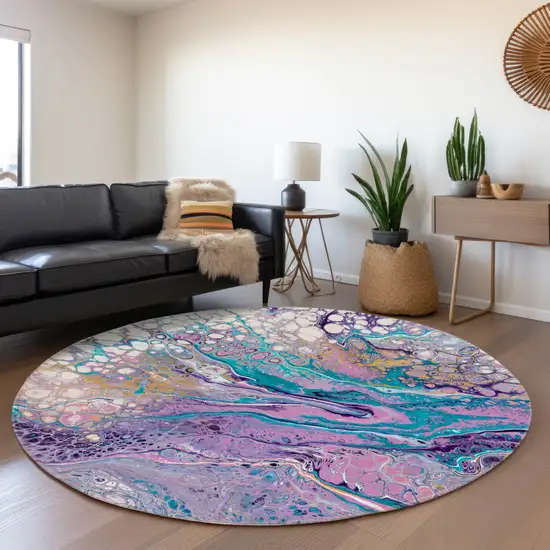 8' Periwinkle Purple And Ivory Round Abstract Washable Indoor Outdoor Area Rug Photo 7