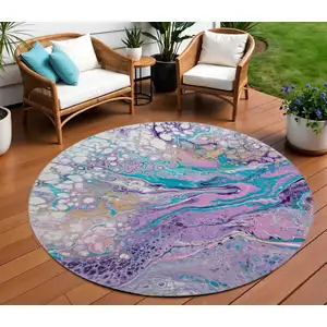 Photo of 8' Periwinkle Purple And Ivory Round Abstract Washable Indoor Outdoor Area Rug