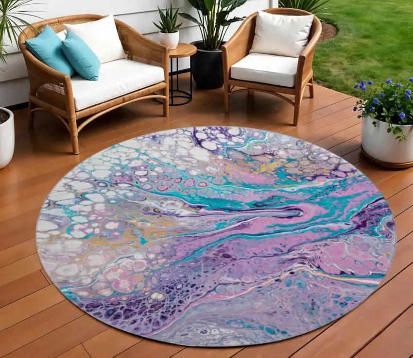 8' Periwinkle Purple And Ivory Round Abstract Washable Indoor Outdoor Area Rug Photo 1