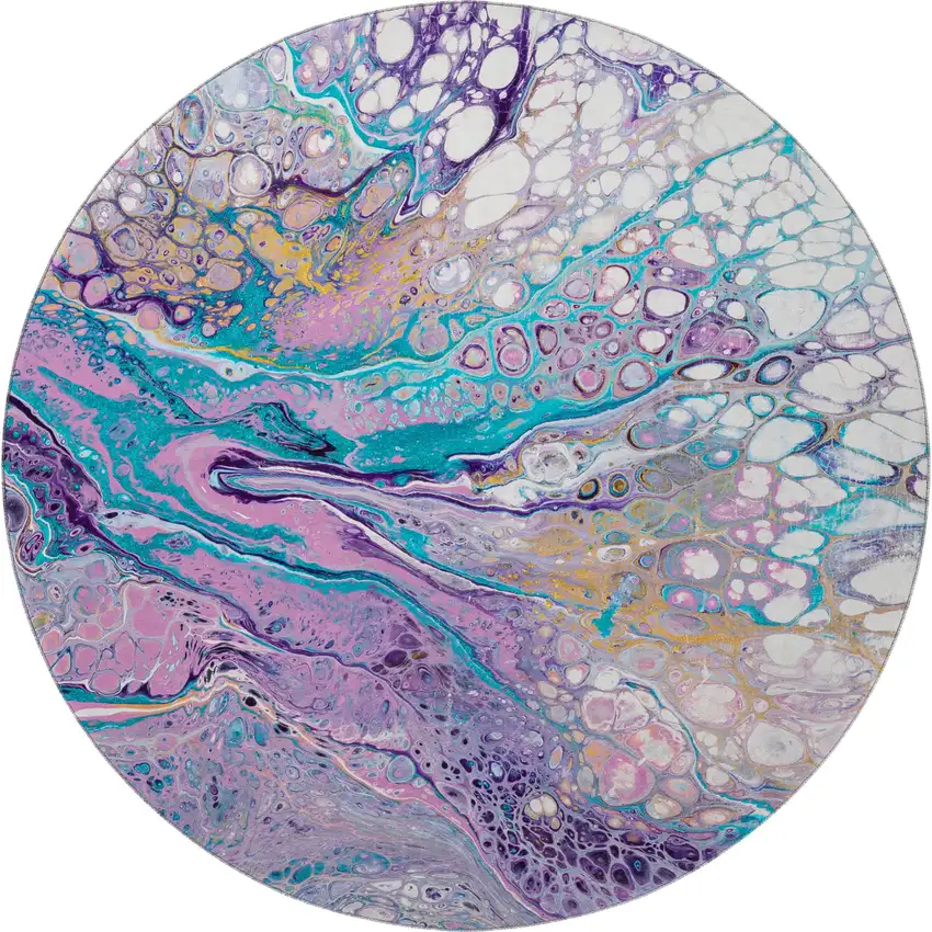 8' Periwinkle Purple And Ivory Round Abstract Washable Indoor Outdoor Area Rug Photo 4