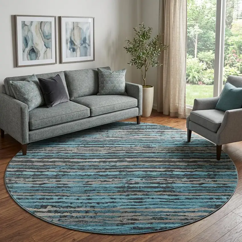 8' Persian Blue And Charcoal Striped Distressed Washable Round Rug With UV Protection Photo 1