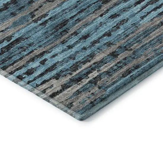 8' Persian Blue And Charcoal Striped Washable Round Rug With UV Protection Photo 6