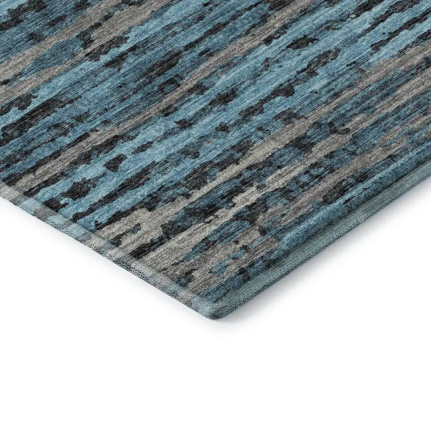 8' Persian Blue And Charcoal Striped Washable Round Rug With UV Protection Photo 6