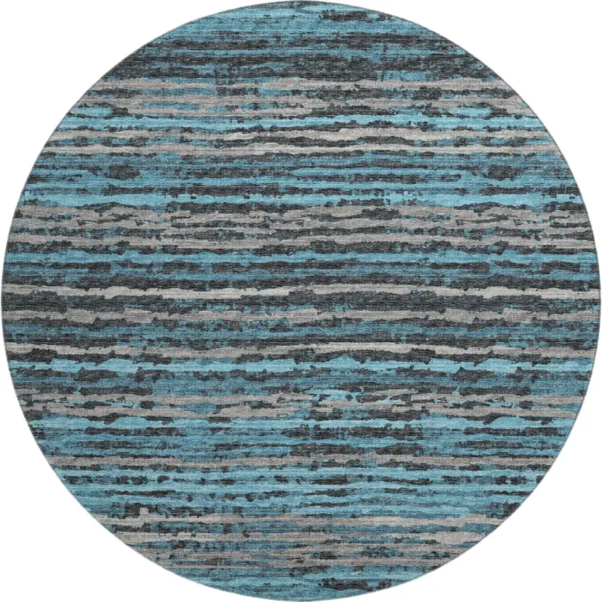 8' Persian Blue And Charcoal Striped Washable Round Rug With UV Protection Photo 2