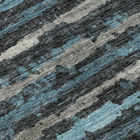 8' Persian Blue And Charcoal Striped Washable Round Rug With UV Protection Photo 8