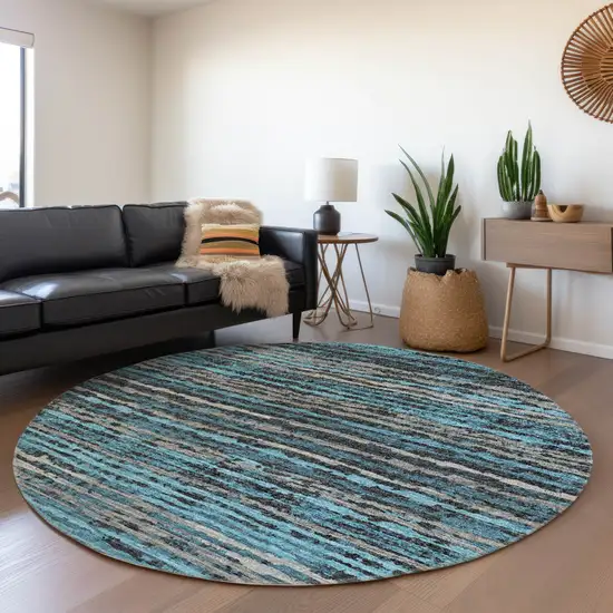 8' Persian Blue And Charcoal Striped Washable Round Rug With UV Protection Photo 4
