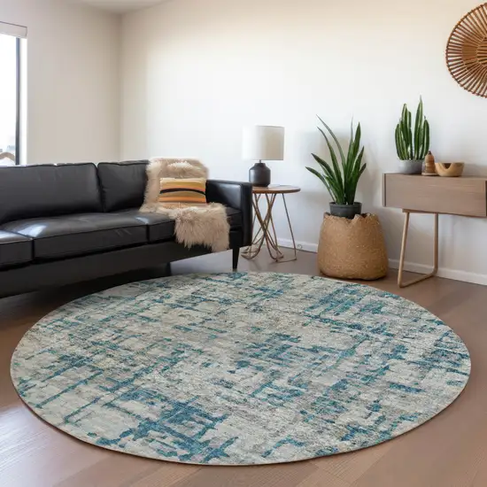 8' Persian Blue And Gray Abstract Washable Round Rug With UV Protection Photo 4
