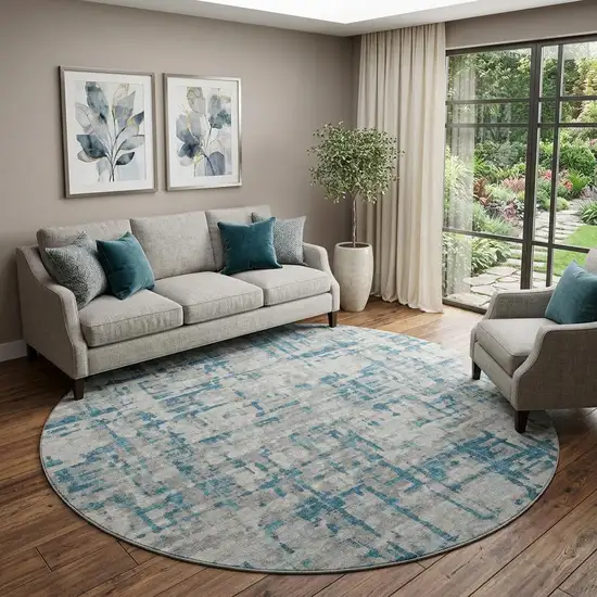8' Persian Blue And Gray Abstract Distressed Washable Round Rug With UV Protection Photo 1