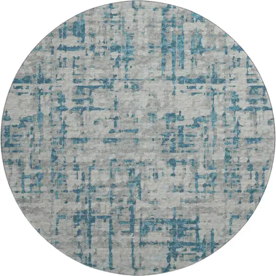 8' Persian Blue And Gray Abstract Washable Round Rug With UV Protection Photo 2