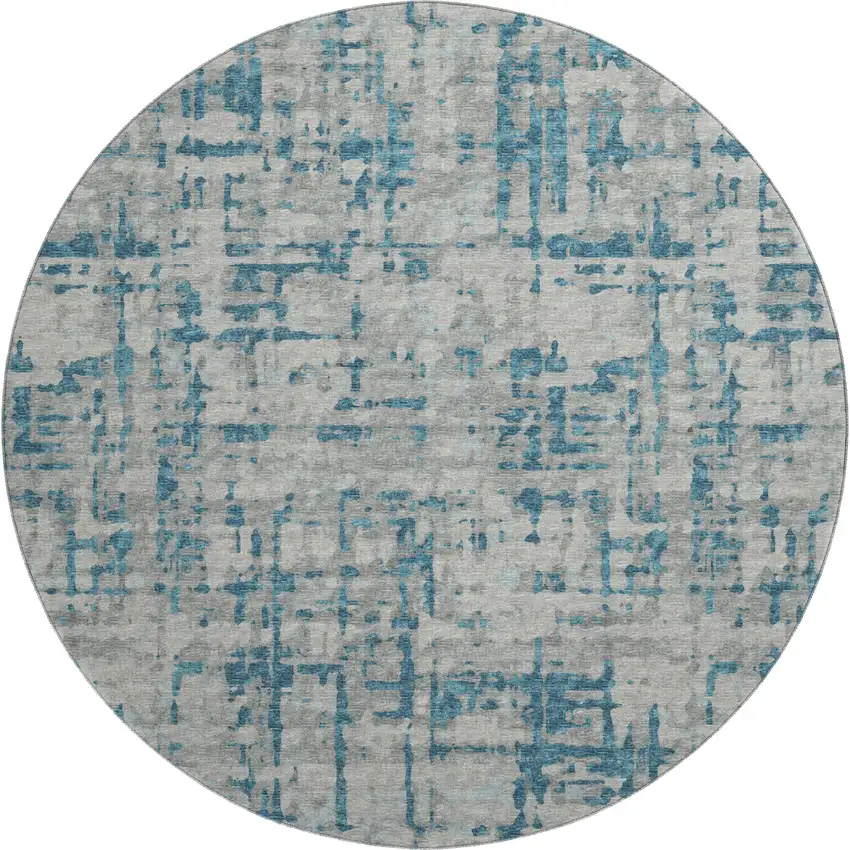 8' Persian Blue And Gray Abstract Washable Round Rug With UV Protection Photo 2